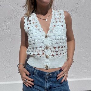 Ganni White Crochet Knit Top